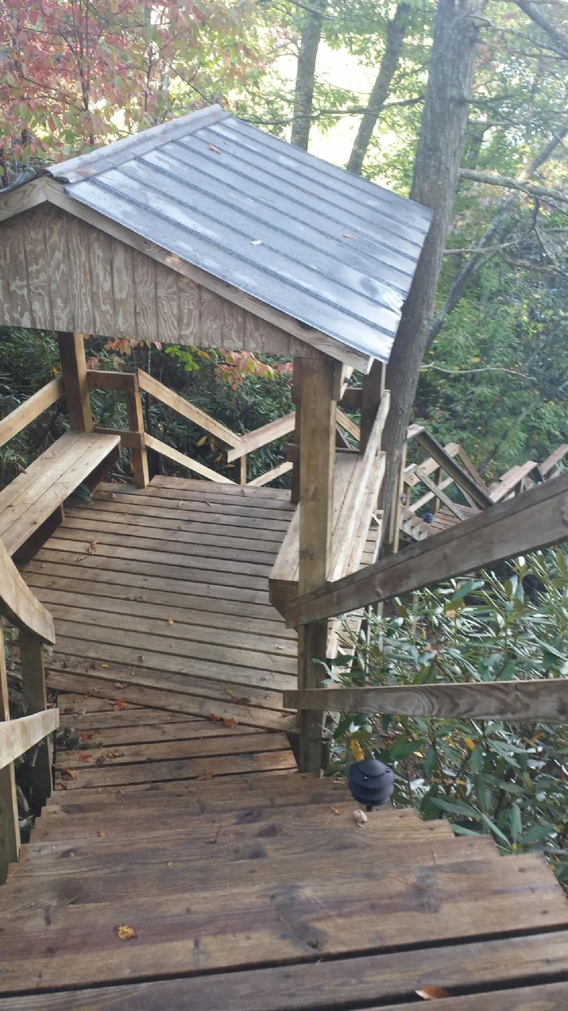 Metal roofed shelter over wooden steps on a wooded walkway — Skylight Repair & Installation work by our crew in Shawmut